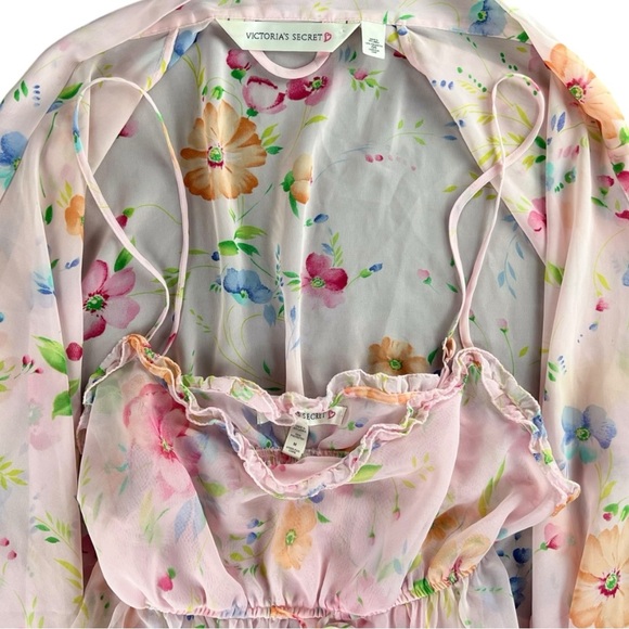 Victoria's Secret Vintage 2-pc Pink Floral Chiffon Babydoll and Robe Set Size M - Picture 2 of 8